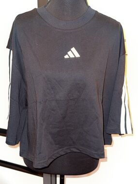 adidas Black Crop Top with White Logo and Sleeve Stripes